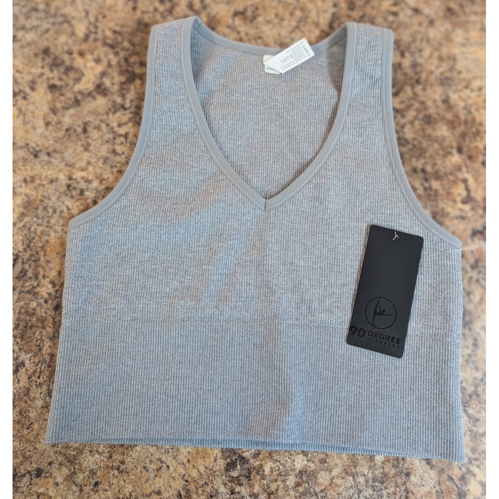 90 Degree By Reflex Women's Ribbed V-Neck Seamless Highline Tank Top Grey Medium